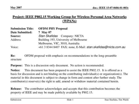 May 2007 Project: IEEE P802.15 Working Group for Wireless Personal Area Networks (WPANs) Submission Title: 	OFDM PHY Proposal Date Submitted: 	7 May 07.