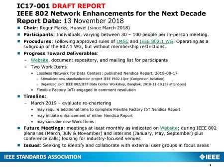 IC17-001 DRAFT REPORT IEEE 802 Network Enhancements for the Next Decade Report Date: 13 November 2018 Chair: Roger Marks, Huawei (since March 2018) Participants: