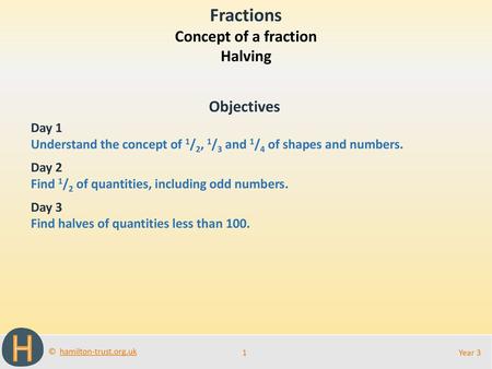 Fractions Concept of a fraction Halving Objectives Day 1