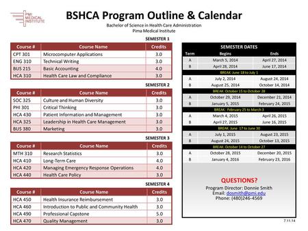 BSHCA Program Outline & Calendar