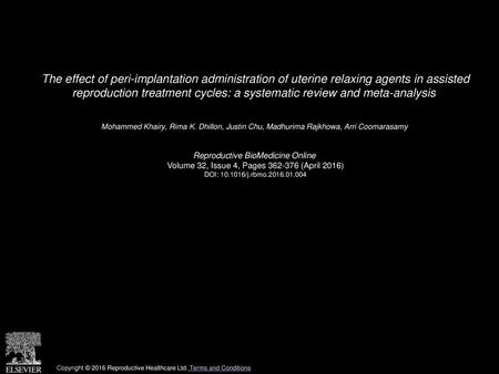 The effect of peri-implantation administration of uterine relaxing agents in assisted reproduction treatment cycles: a systematic review and meta-analysis 