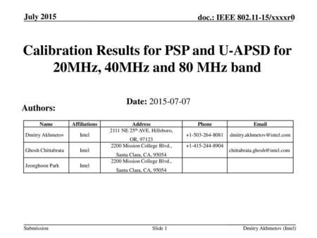 July 2015 Calibration Results for PSP and U-APSD for 20MHz, 40MHz and 80 MHz band Date: 2015-07-07 Authors: Name Affiliations Address Phone Email Dmitry.