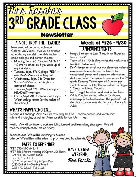 3rd Grade Class Mrs. Rasala’s Mrs. Rasala Newsletter