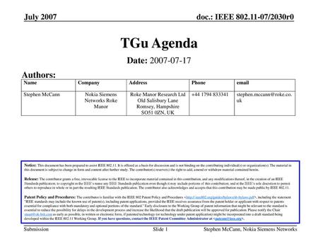 TGu Agenda Date: Authors: July 2007 July 2007