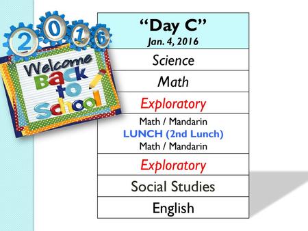 “Day C” Jan. 4, 2016 Science Math Exploratory Social Studies English