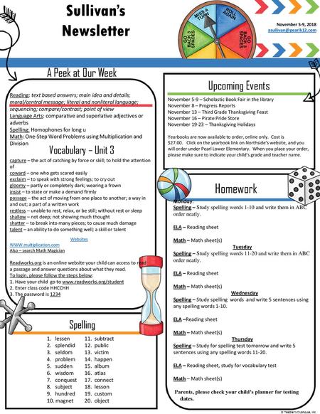 Sullivan’s Newsletter Homework A Peek at Our Week Upcoming Events