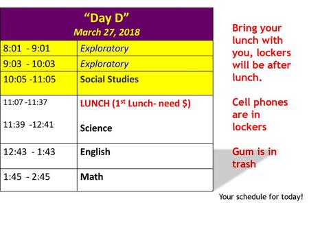 “Day D” March 27, :01 - 9:01 Exploratory 9: :03