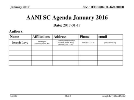 AANI SC Agenda January 2016 Date: Authors: July 2009
