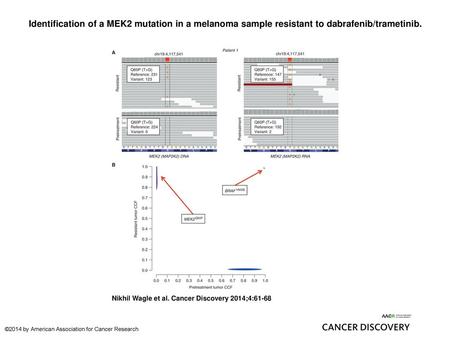 Identification of a MEK2 mutation in a melanoma sample resistant to dabrafenib/trametinib. Identification of a MEK2 mutation in a melanoma sample resistant.