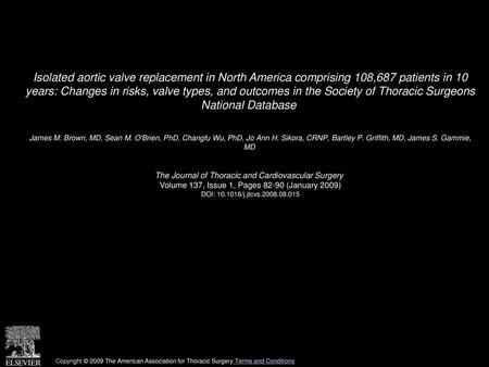 Isolated aortic valve replacement in North America comprising 108,687 patients in 10 years: Changes in risks, valve types, and outcomes in the Society.