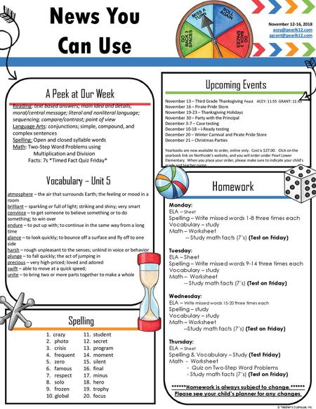 News You Can Use Homework Upcoming Events A Peek at Our Week
