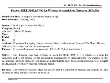 Project: IEEE P WG for Wireless Personal Area Networks (WPANs)