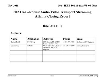 Dec 2008 doc.: IEEE 802.11-08/0xxx Nov 2011 802.11aa –Robust Audio Video Transport Streaming Atlanta Closing Report Date: 2011-11-10 Authors: Graham Smith,