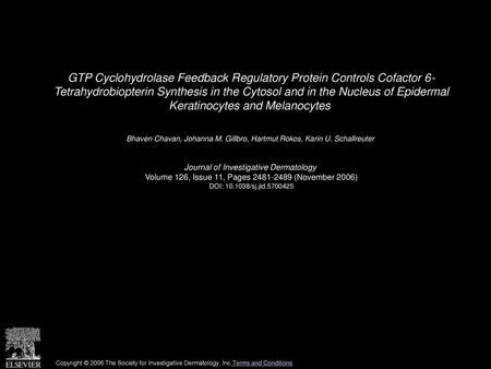 GTP Cyclohydrolase Feedback Regulatory Protein Controls Cofactor 6- Tetrahydrobiopterin Synthesis in the Cytosol and in the Nucleus of Epidermal Keratinocytes.