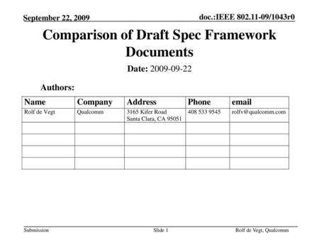 Comparison of Draft Spec Framework Documents