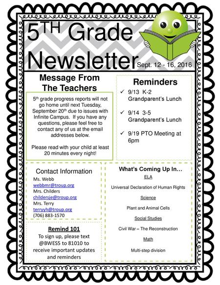 5TH Grade Newsletter Message From Reminders The Teachers