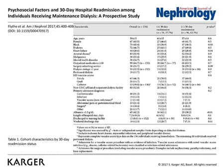 Psychosocial Factors and 30-Day Hospital Readmission among Individuals Receiving Maintenance Dialysis: A Prospective Study Flythe et al. Am J Nephrol 2017;45:400-408.