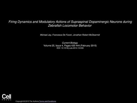 Firing Dynamics and Modulatory Actions of Supraspinal Dopaminergic Neurons during Zebrafish Locomotor Behavior  Michael Jay, Francesca De Faveri, Jonathan Robert.
