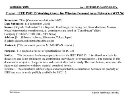 September 2016 Project: IEEE P802.15 Working Group for Wireless Personal Area Networks (WPANs) Submission Title: [Comment resolution for i-022] Date Submitted: