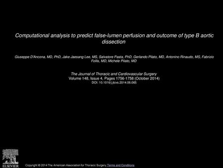 Computational analysis to predict false-lumen perfusion and outcome of type B aortic dissection  Giuseppe D'Ancona, MD, PhD, Jake Jaesang Lee, MS, Salvatore.