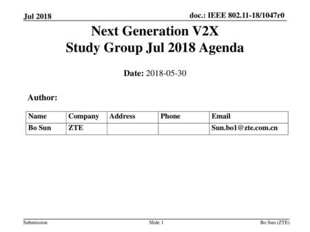 Next Generation V2X Study Group Jul 2018 Agenda