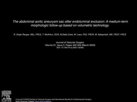 The abdominal aortic aneurysm sac after endoluminal exclusion: A medium-term morphologic follow-up based on volumetric technology  R. Singh-Ranger, BSc,