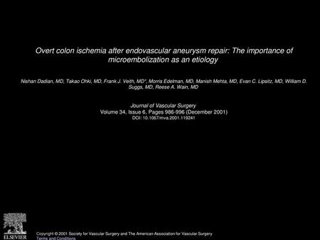 Overt colon ischemia after endovascular aneurysm repair: The importance of microembolization as an etiology  Nishan Dadian, MD, Takao Ohki, MD, Frank.