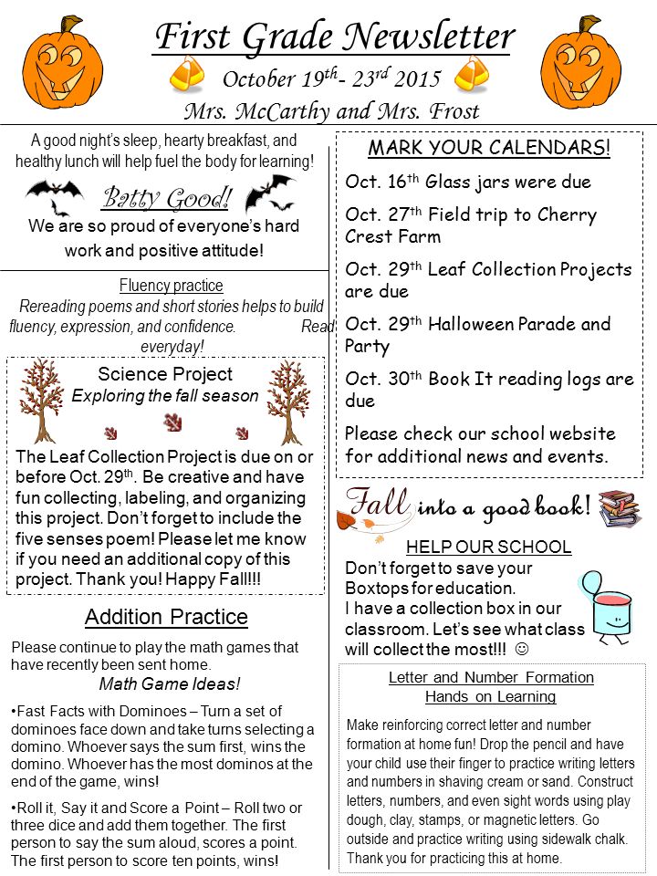 First Grade Newsletter October 19th- 23rd 2015 Mrs. McCarthy and Mrs - ppt  download