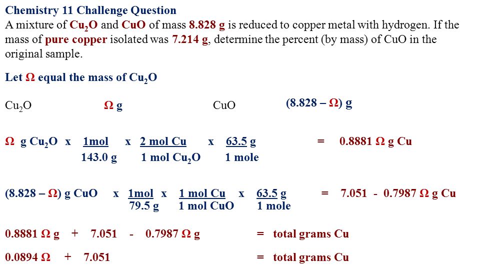 Ω g Cu x 63.5 g 1 mole x 2 mol Cu 1 mol Cu 2 O x 1mol g Ω g Cu 2 O = Ω g  Cux 63.5 g