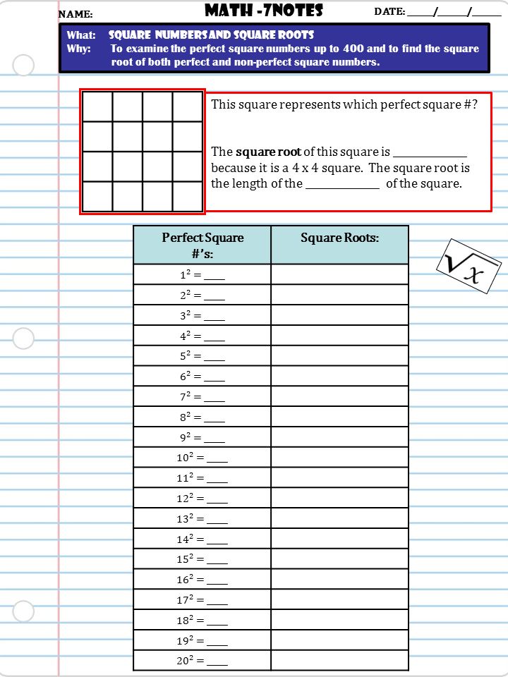 images Perfect Squares Up To 400 square roots math 7notes date