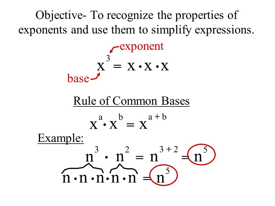 N N N N Objective To Recognize The Properties Of Exponents And Use Them To Simplify Expressions X 3 X X X Exponent Base Rule Of Common Bases X A Ppt Download