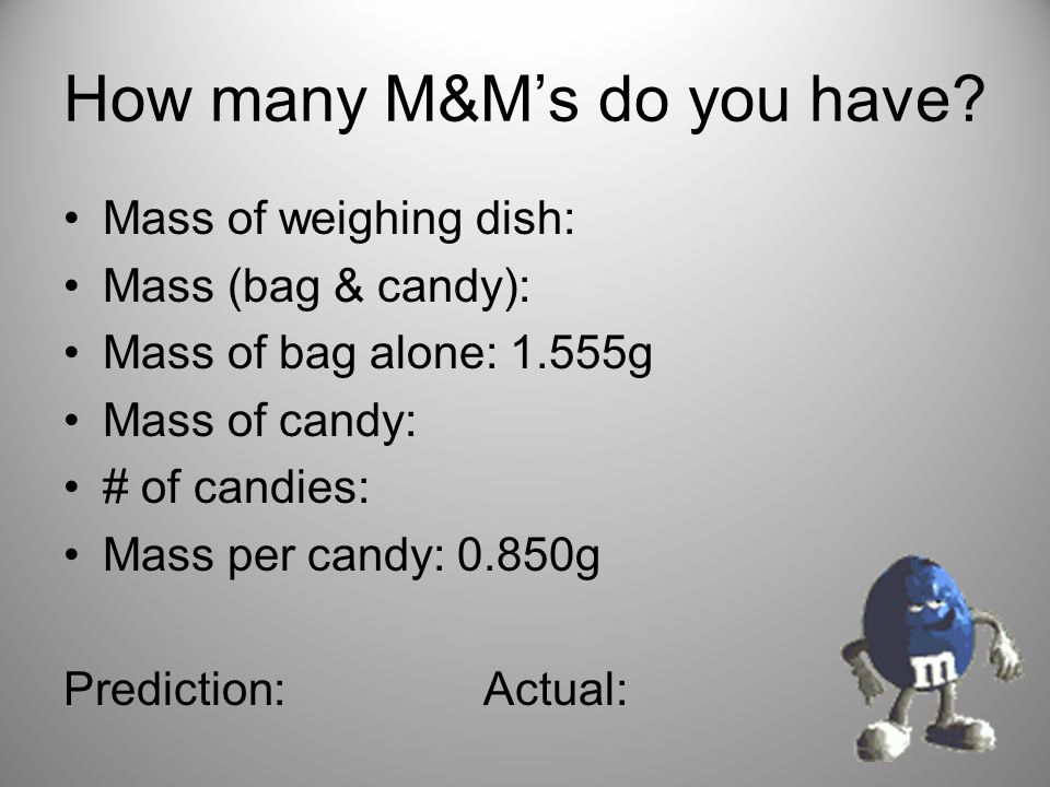 How many M&M's do you have? Mass of weighing dish: Mass (bag & candy): Mass  of bag alone: 1.555g Mass of candy: # of candies: Mass per candy: 0.850g  Prediction:Actual: - ppt