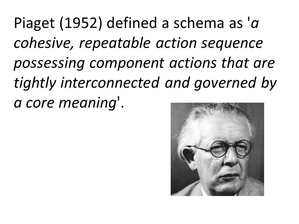 Piaget 1952 defined a schema as a cohesive repeatable action sequence possessing component actions that are tightly interconnected and governed by