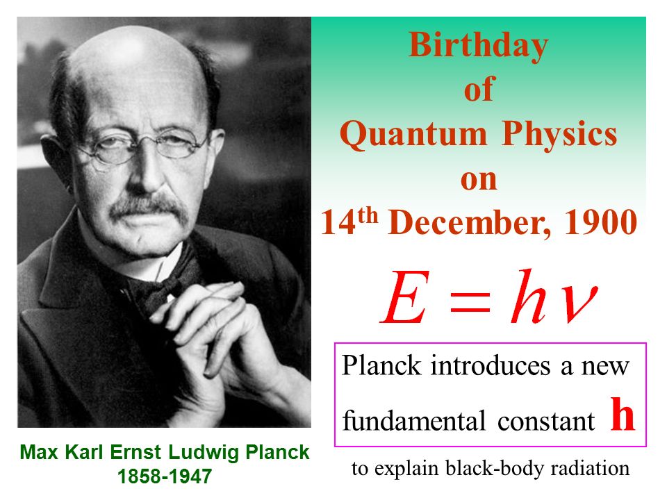 Birthday of Quantum Physics on 14 th December, 1900 Max Karl Ernst Ludwig Planck Planck introduces a new fundamental constant h to explain black-body. - ppt download