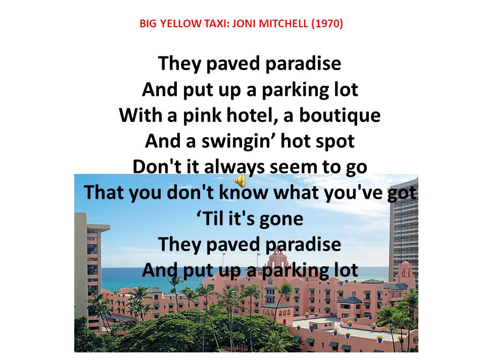 They paved paradise And put up a parking lot With a pink hotel, a boutique And  a swingin' hot spot Don't it always seem to go That you don't know what. -