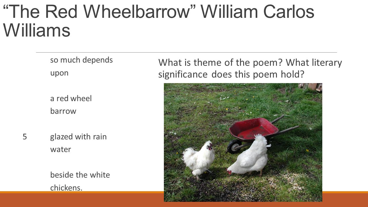 The Red Wheelbarrow” William Carlos Williams so much depends upon a red  wheel barrow 5glazed with rain water beside the white chickens. What is  theme. - ppt download
