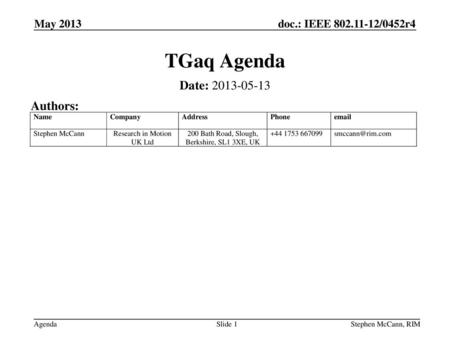 TGaq Agenda Date: Authors: May 2013 May 2013