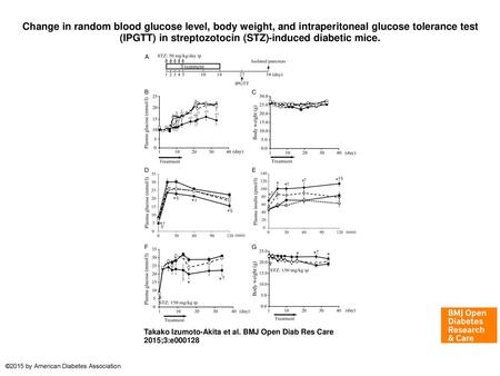 Change in random blood glucose level, body weight, and intraperitoneal glucose tolerance test (IPGTT) in streptozotocin (STZ)-induced diabetic mice. Change.