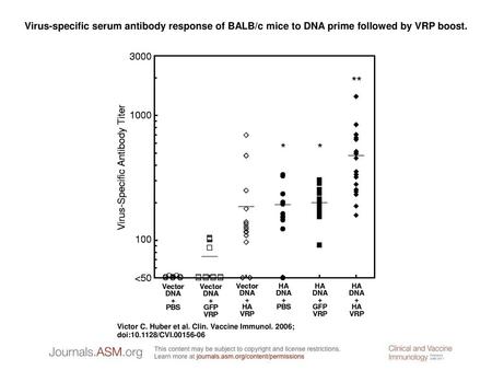 Virus-specific serum antibody response of BALB/c mice to DNA prime followed by VRP boost. Virus-specific serum antibody response of BALB/c mice to DNA.