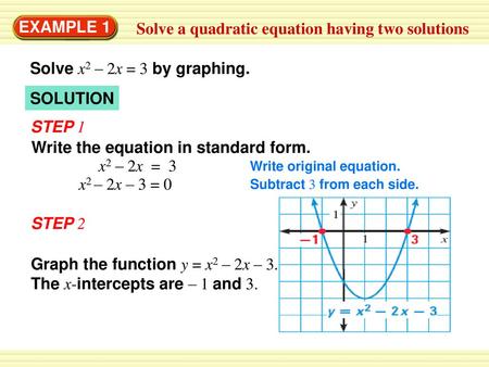 Example 1 Solve A Quadratic Equation Having Two Solutions Solve X 2 2x 3 By Graphing Step 1 Write The Equation In Standard Form Write Original Equation Ppt Download