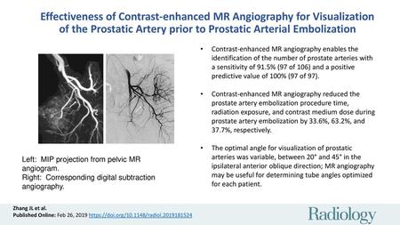 Effectiveness of Contrast-enhanced MR Angiography for Visualization of the Prostatic Artery prior to Prostatic Arterial Embolization Contrast-enhanced.