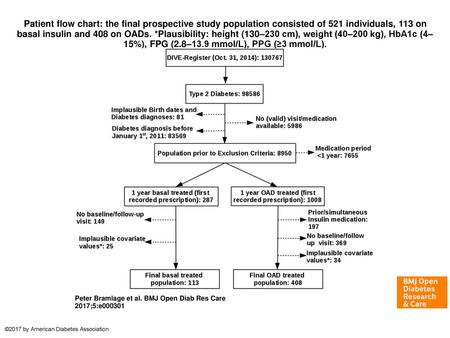 Patient flow chart: the final prospective study population consisted of 521 individuals, 113 on basal insulin and 408 on OADs. *Plausibility: height (130–230 cm),