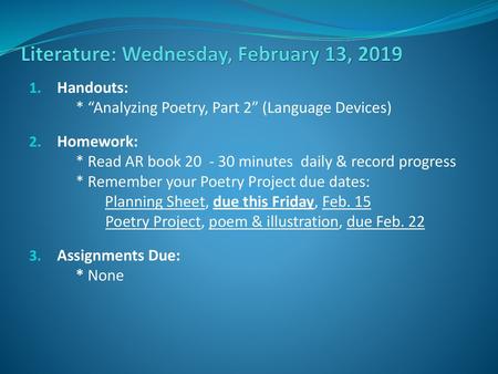 Literature: Wednesday, February 13, 2019