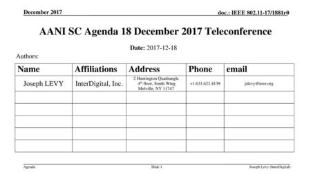 AANI SC Agenda 18 December 2017 Teleconference