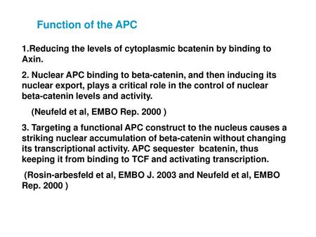 Function of the APC 1.Reducing the levels of cytoplasmic bcatenin by binding to Axin. 2. Nuclear APC binding to beta-catenin, and then inducing its nuclear.