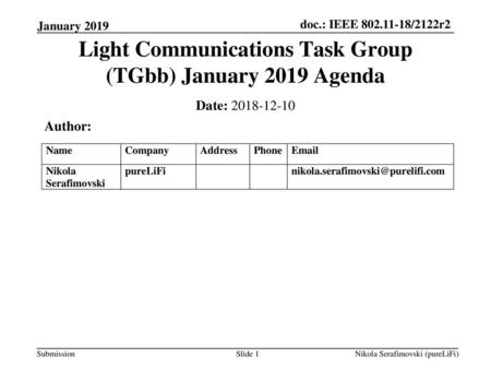 Light Communications Task Group (TGbb) January 2019 Agenda