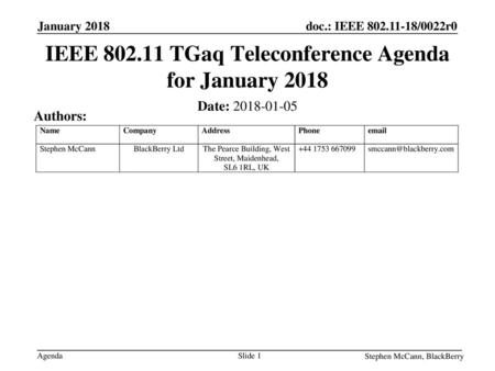 IEEE TGaq Teleconference Agenda for January 2018