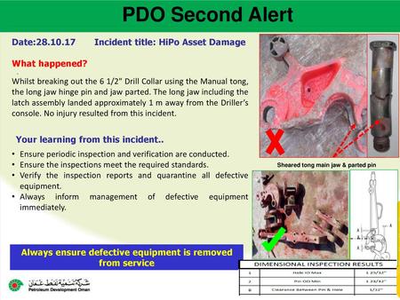 PDO Second Alert Date: Incident title: HiPo Asset Damage