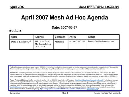 April 2007 Mesh Ad Hoc Agenda