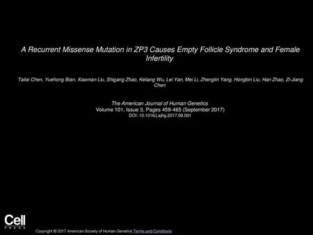 A Recurrent Missense Mutation in ZP3 Causes Empty Follicle Syndrome and Female Infertility  Tailai Chen, Yuehong Bian, Xiaoman Liu, Shigang Zhao, Keliang.